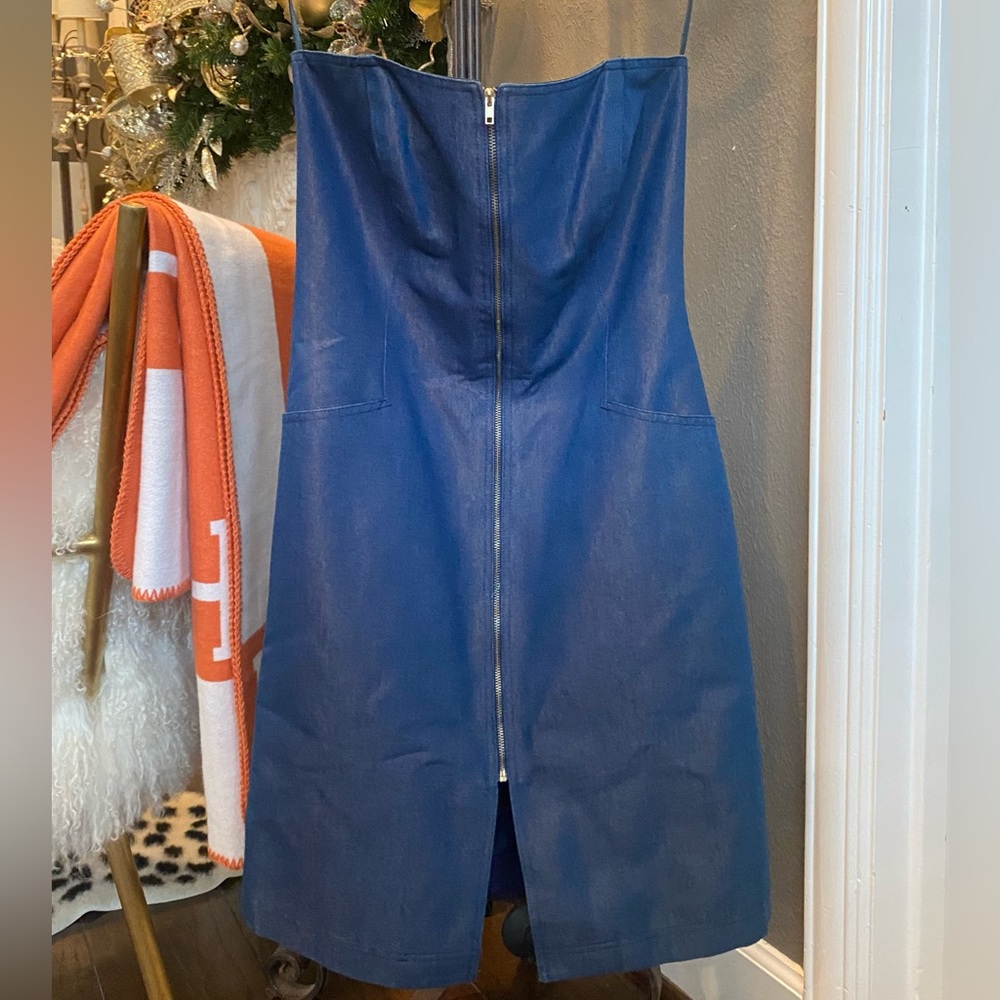 David Meister Blue Strapless Dress with Pockets